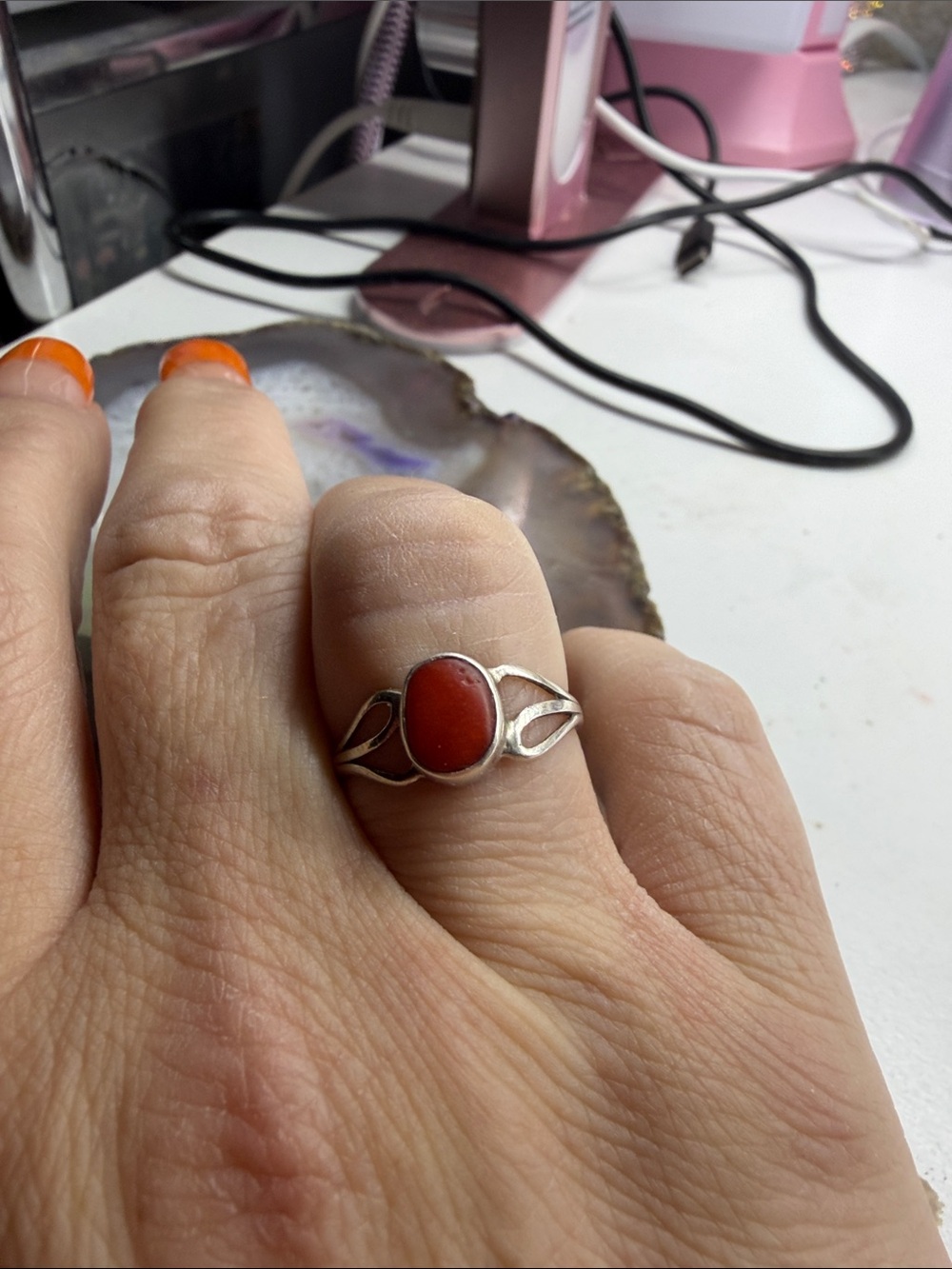 Hand Crafted Silver Ring with Orange-Red Stone
